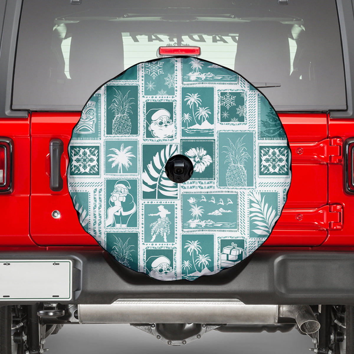 Hawaii Christmas Retro Patchwork Spare Tire Cover Teal - Wonder Print Shop