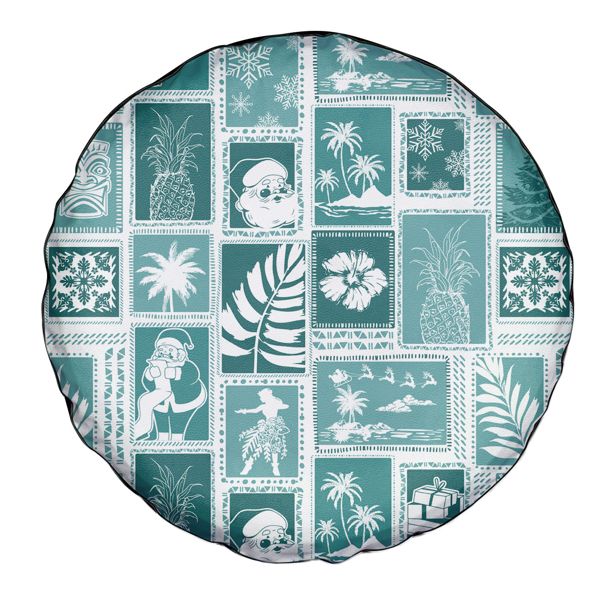 Hawaii Christmas Retro Patchwork Spare Tire Cover Teal - Wonder Print Shop