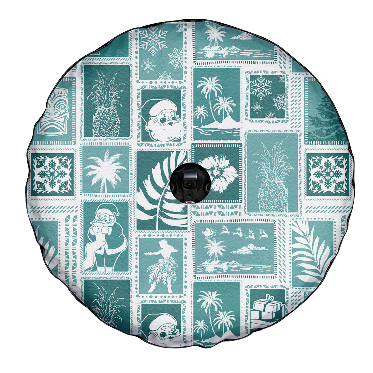 Hawaii Christmas Retro Patchwork Spare Tire Cover Teal - Wonder Print Shop