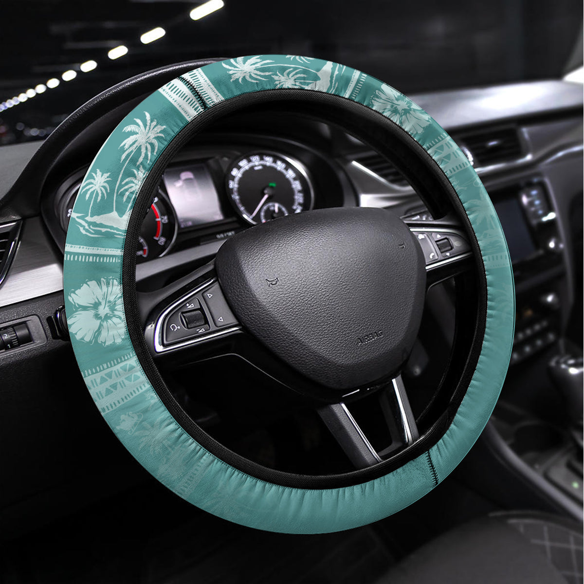Hawaii Christmas Retro Patchwork Steering Wheel Cover Teal - Wonder Print Shop