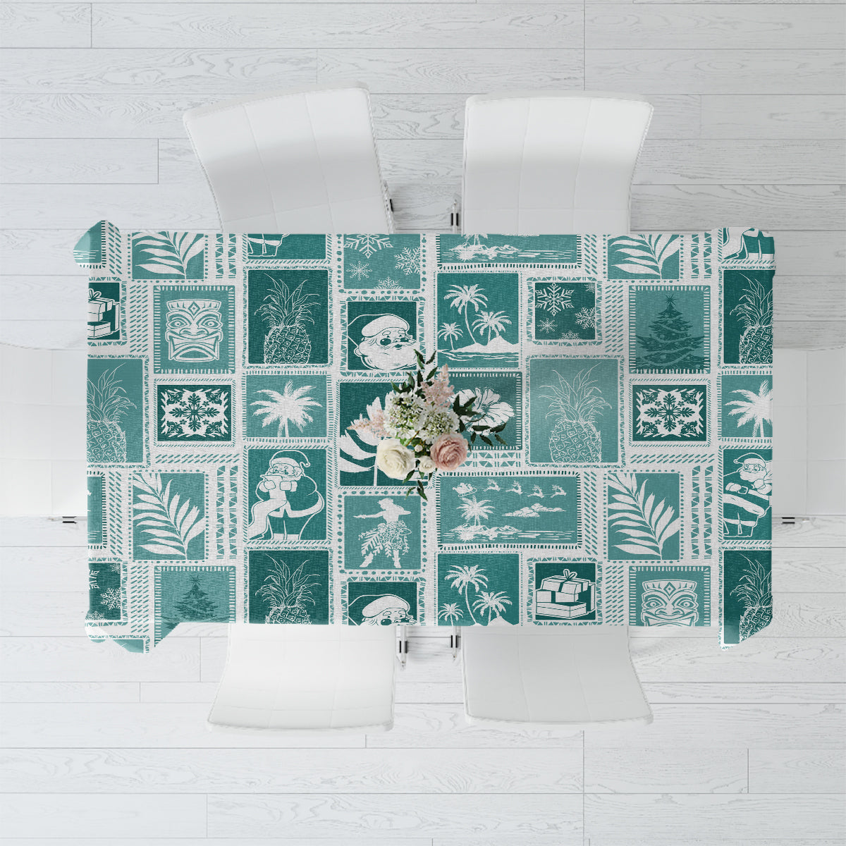 Hawaii Christmas Retro Patchwork Tablecloth Teal - Wonder Print Shop