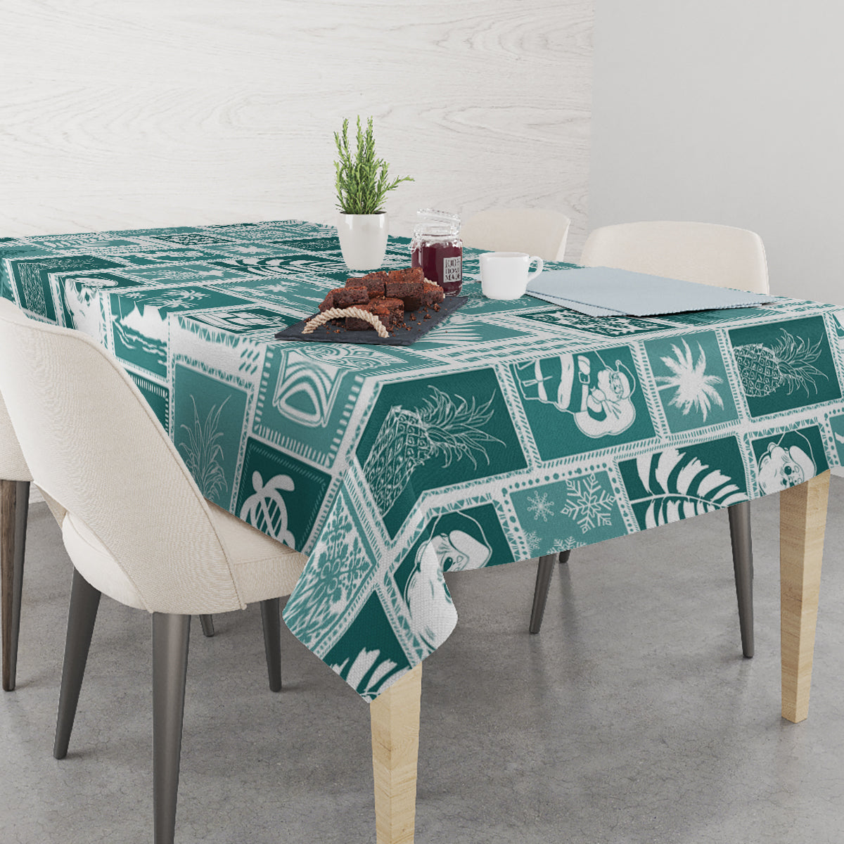 Hawaii Christmas Retro Patchwork Tablecloth Teal - Wonder Print Shop