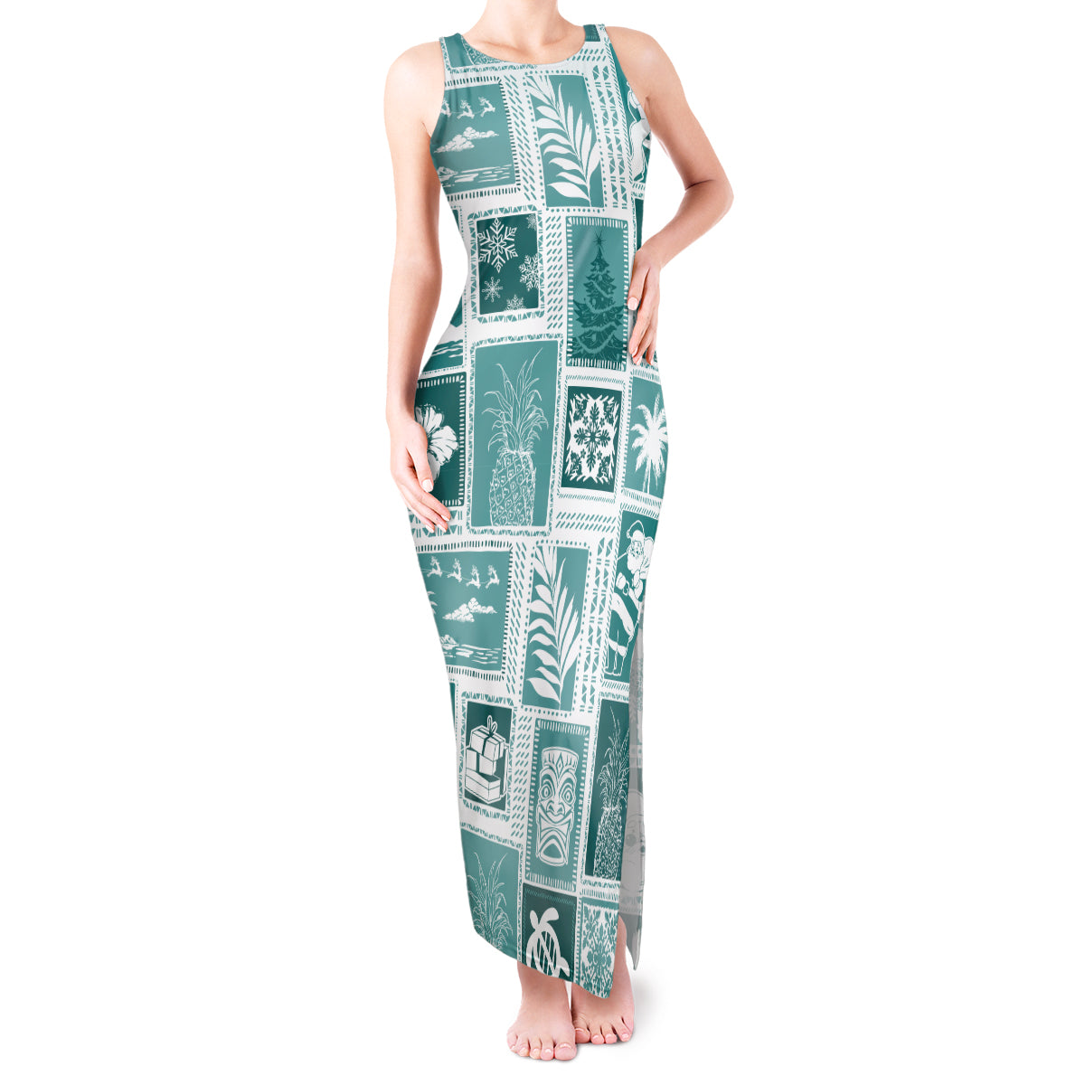 Hawaii Christmas Retro Patchwork Tank Maxi Dress Teal - Wonder Print Shop