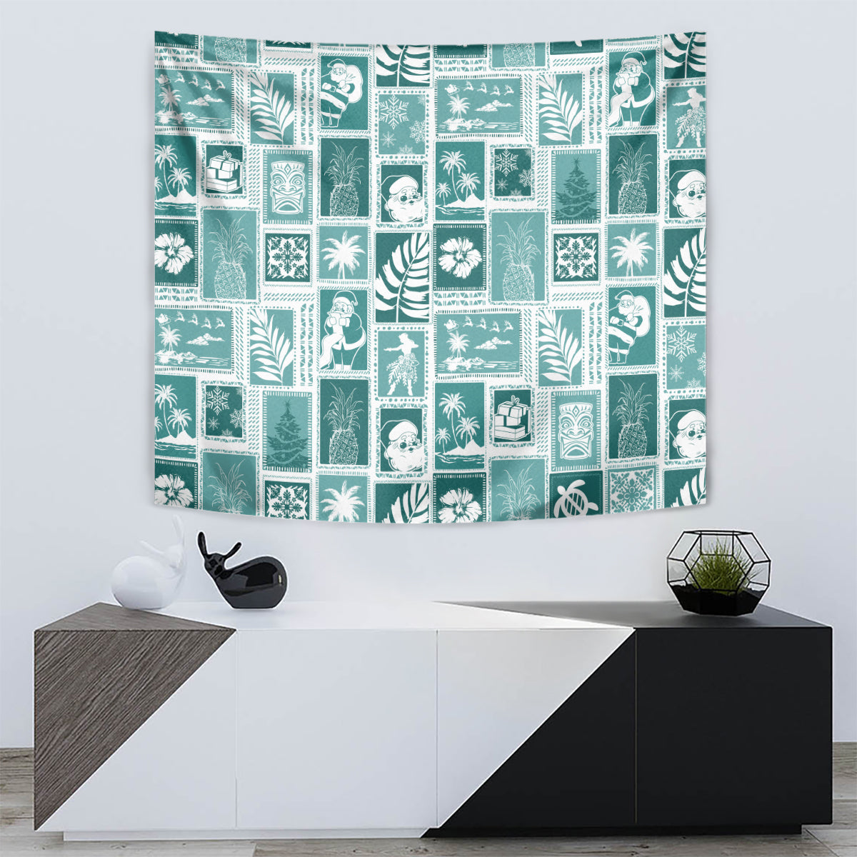 Hawaii Christmas Retro Patchwork Tapestry Teal - Wonder Print Shop