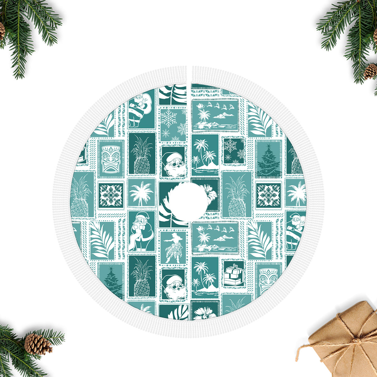 Hawaii Christmas Tree Skirt Retro Patchwork - Teal - Wonder Print Shop