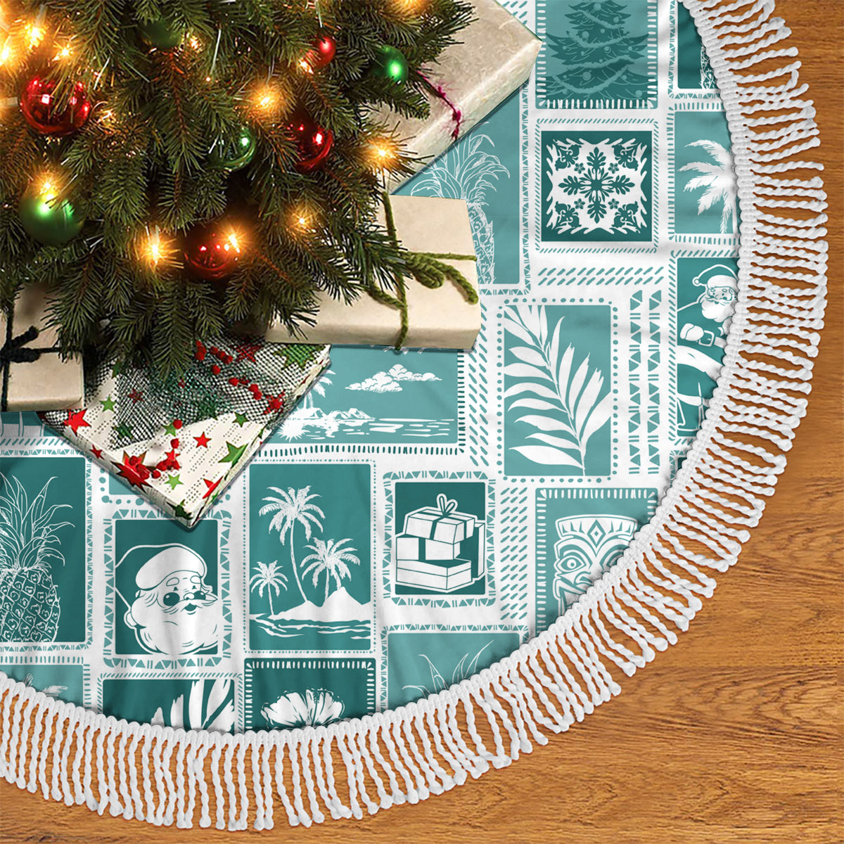 Hawaii Christmas Tree Skirt Retro Patchwork - Teal - Wonder Print Shop