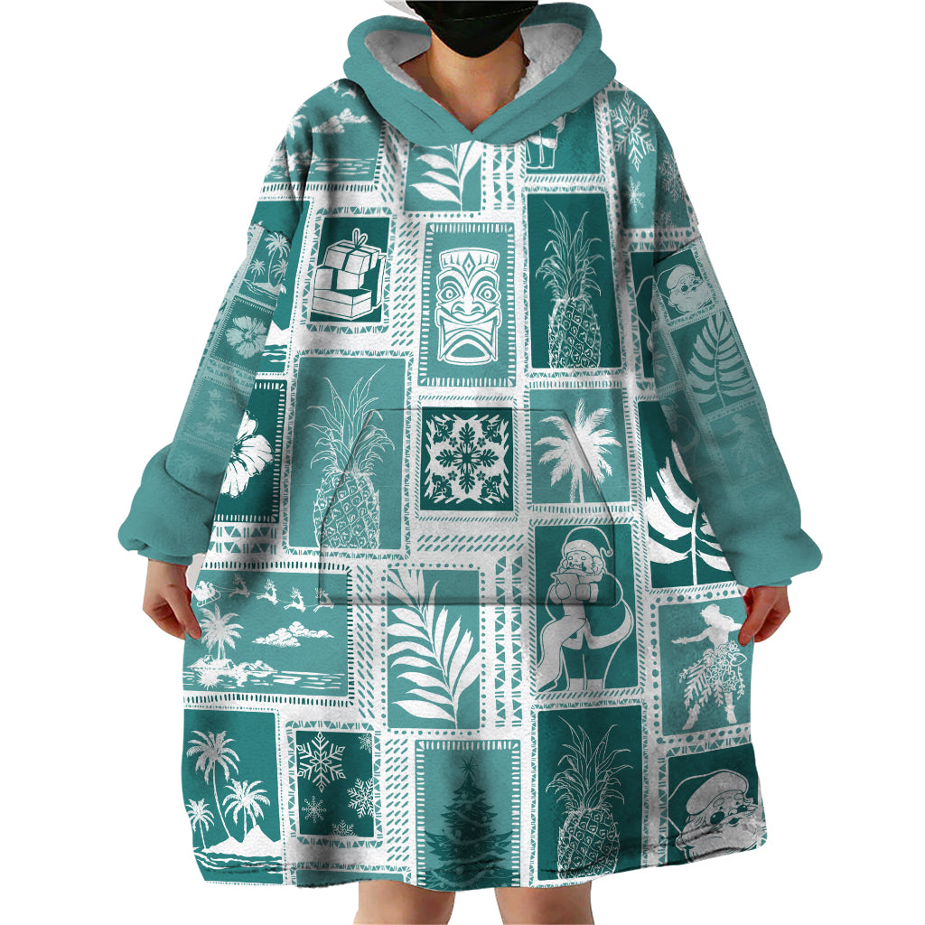 Hawaii Christmas Retro Patchwork Wearable Blanket Hoodie Teal - Wonder Print Shop