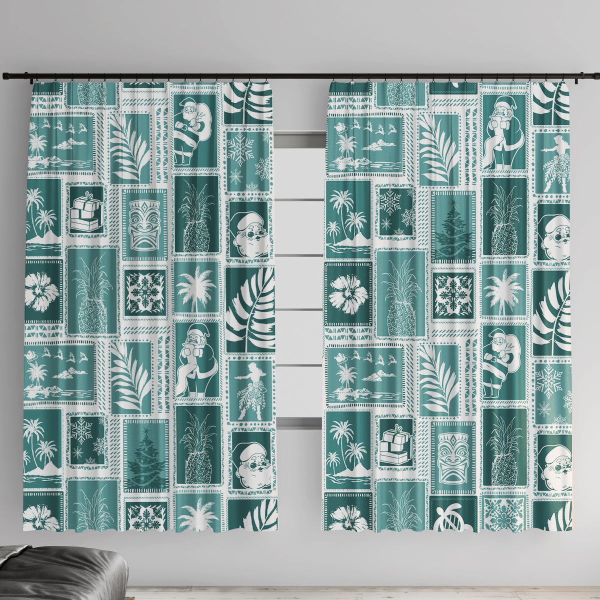 Hawaii Christmas Retro Patchwork Window Curtain Teal - Wonder Print Shop