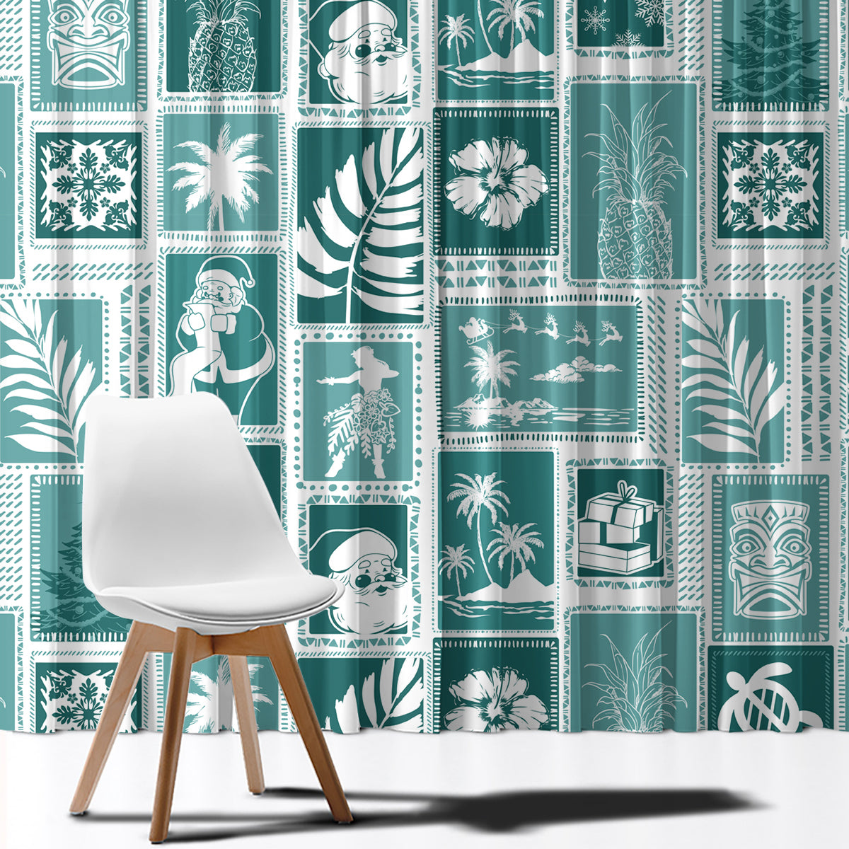 Hawaii Christmas Retro Patchwork Window Curtain Teal - Wonder Print Shop