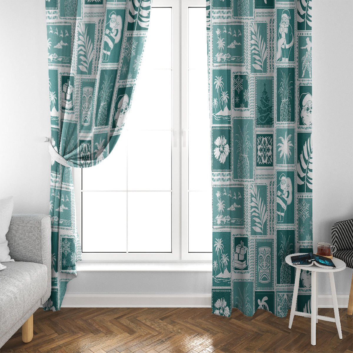 Hawaii Christmas Retro Patchwork Window Curtain Teal - Wonder Print Shop