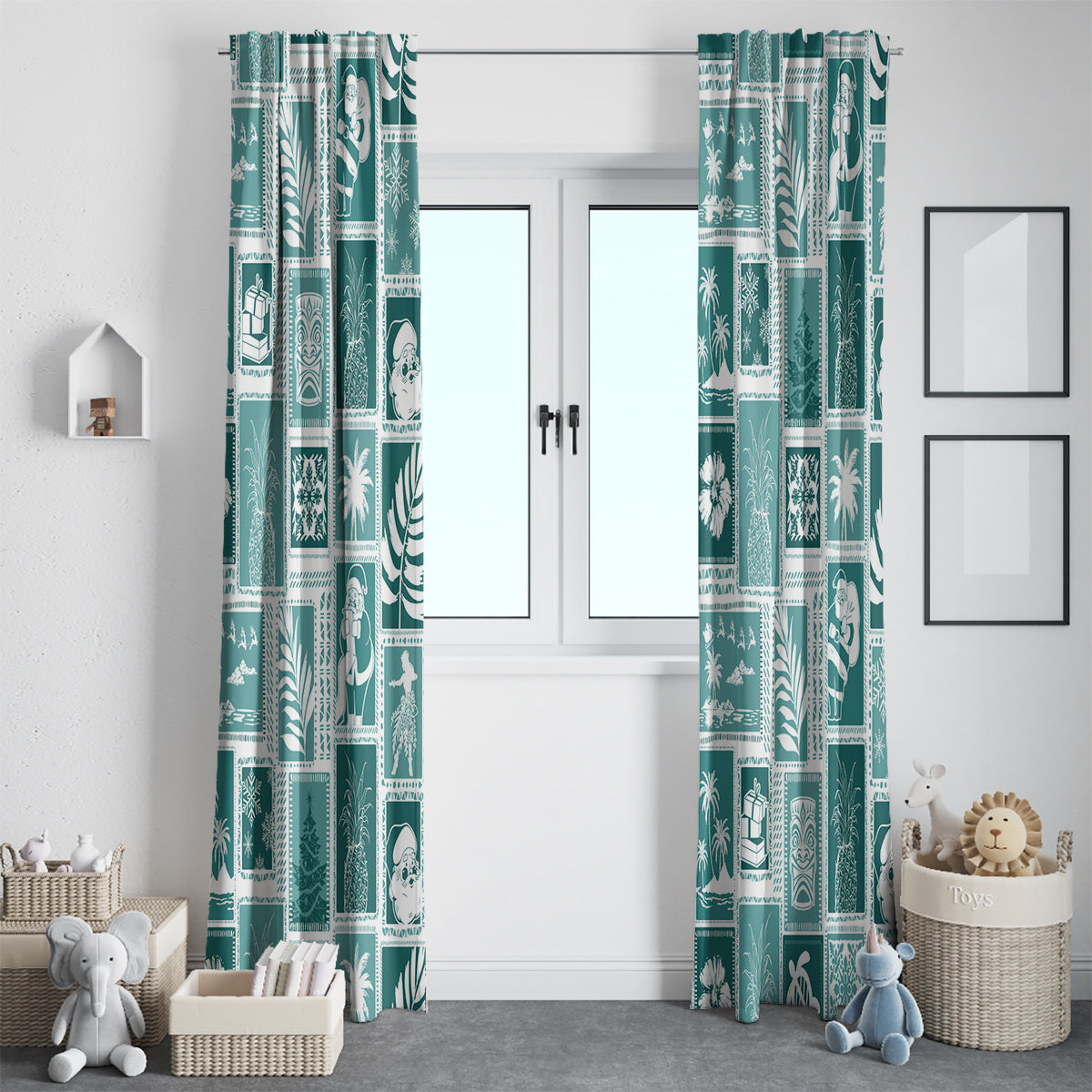 Hawaii Christmas Retro Patchwork Window Curtain Teal - Wonder Print Shop