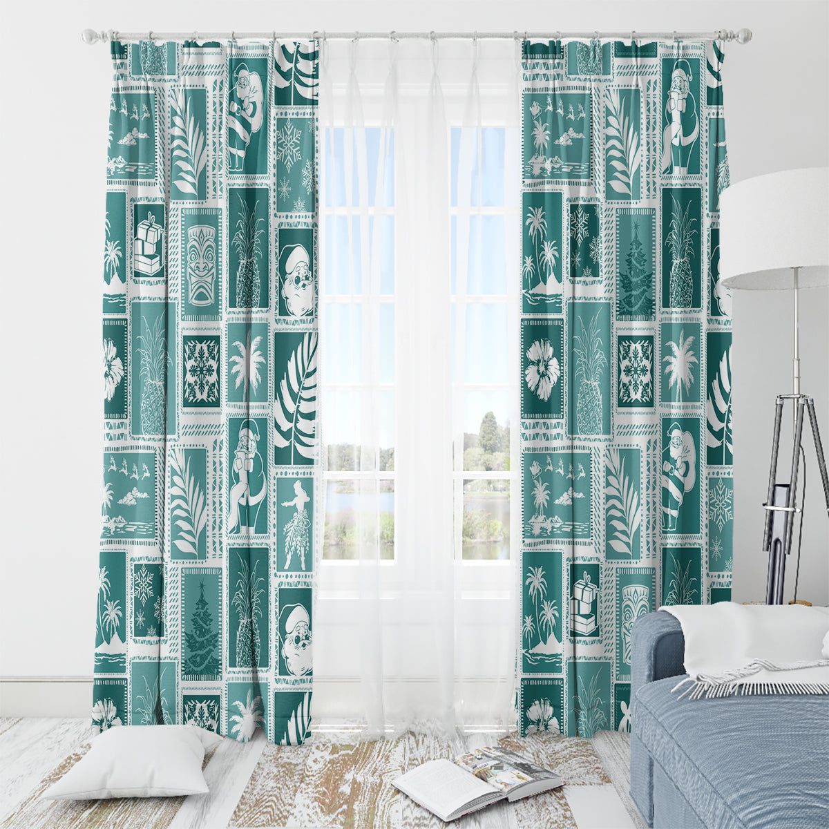 Hawaii Christmas Retro Patchwork Window Curtain Teal - Wonder Print Shop