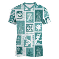 Hawaii Christmas Retro Patchwork Women V Neck T Shirt Teal - Wonder Print Shop