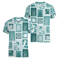 Hawaii Christmas Retro Patchwork Women V Neck T Shirt Teal - Wonder Print Shop