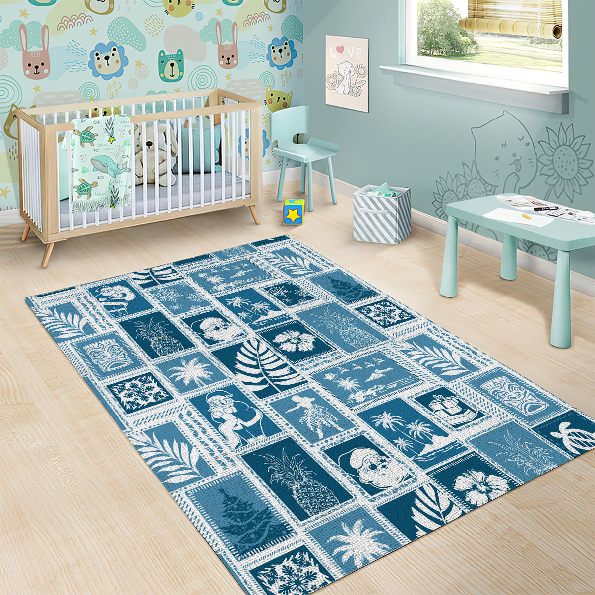 Hawaii Christmas Retro Patchwork Area Rug Aquamarine LT7 - Wonder Print Shop
