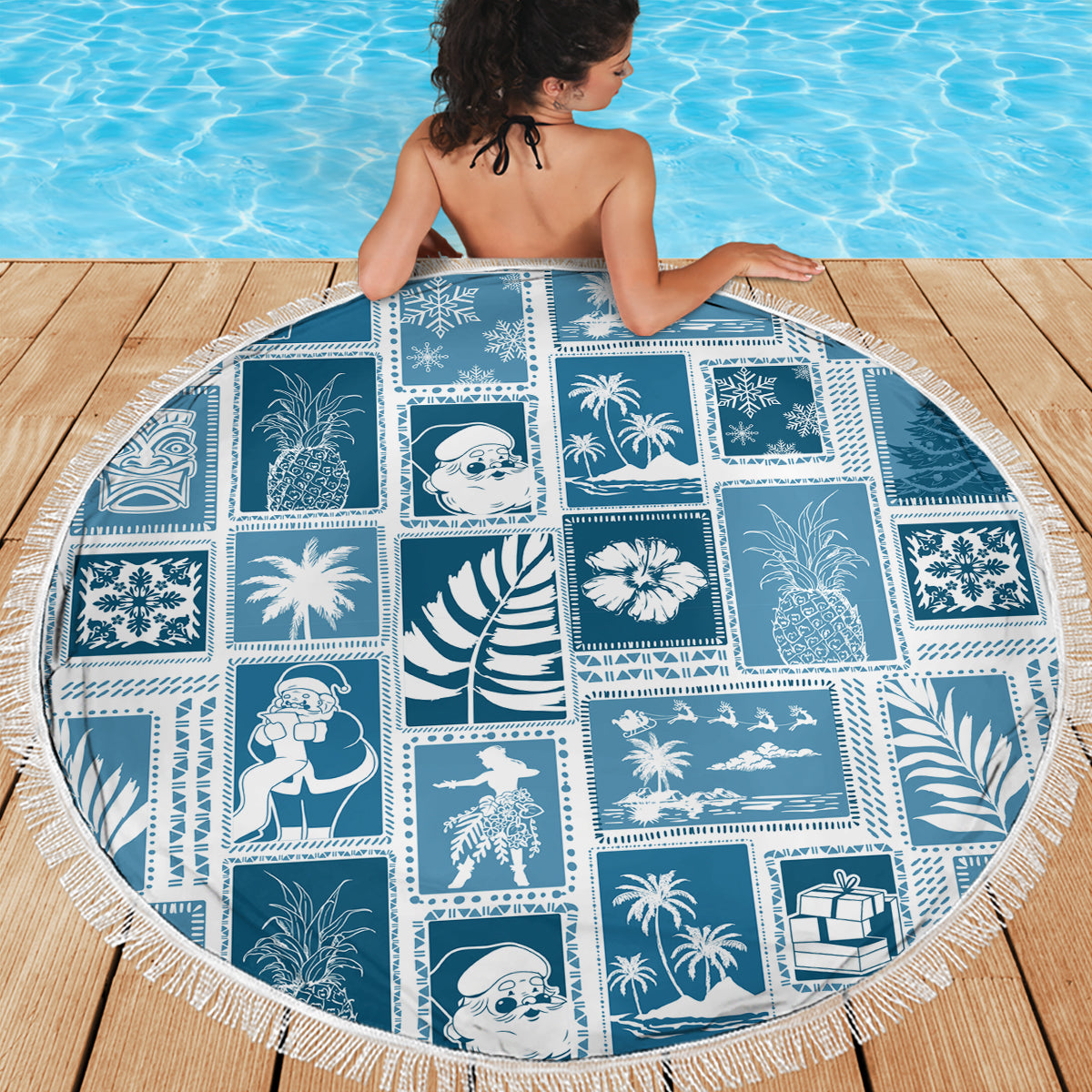 Hawaii Christmas Retro Patchwork Beach Blanket Aquamarine LT7 - Wonder Print Shop