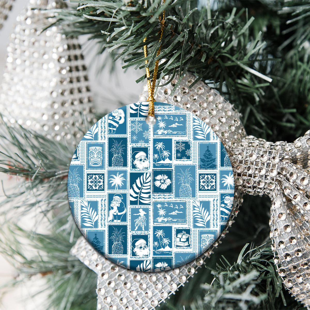 Hawaii Christmas Ceramic Ornament Retro Patchwork - Aquamarine LT7 - Wonder Print Shop