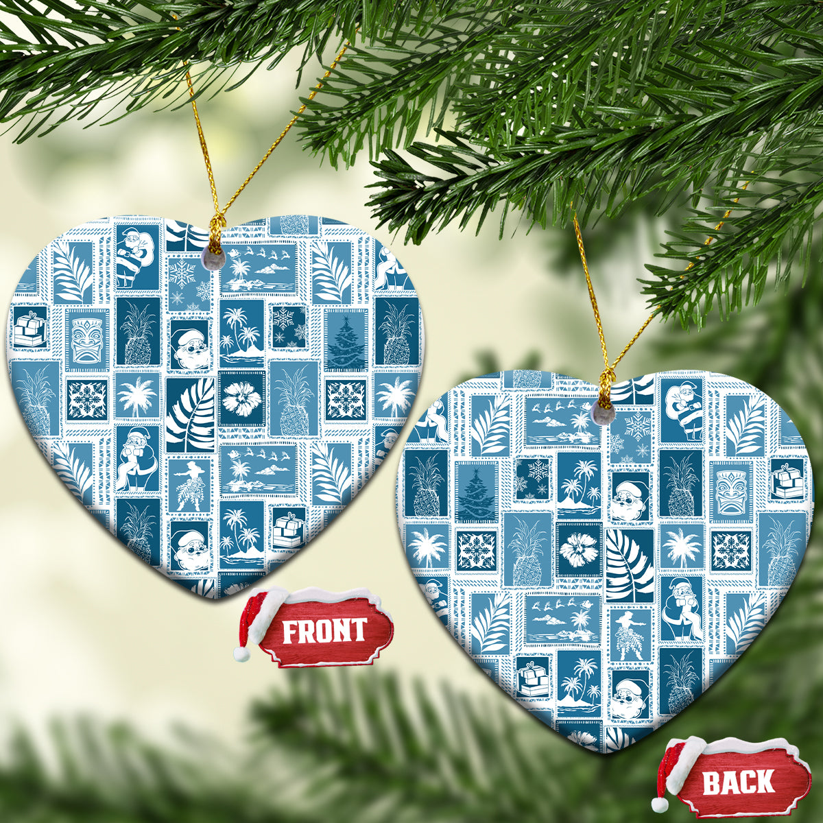 Hawaii Christmas Ceramic Ornament Retro Patchwork - Aquamarine LT7 - Wonder Print Shop