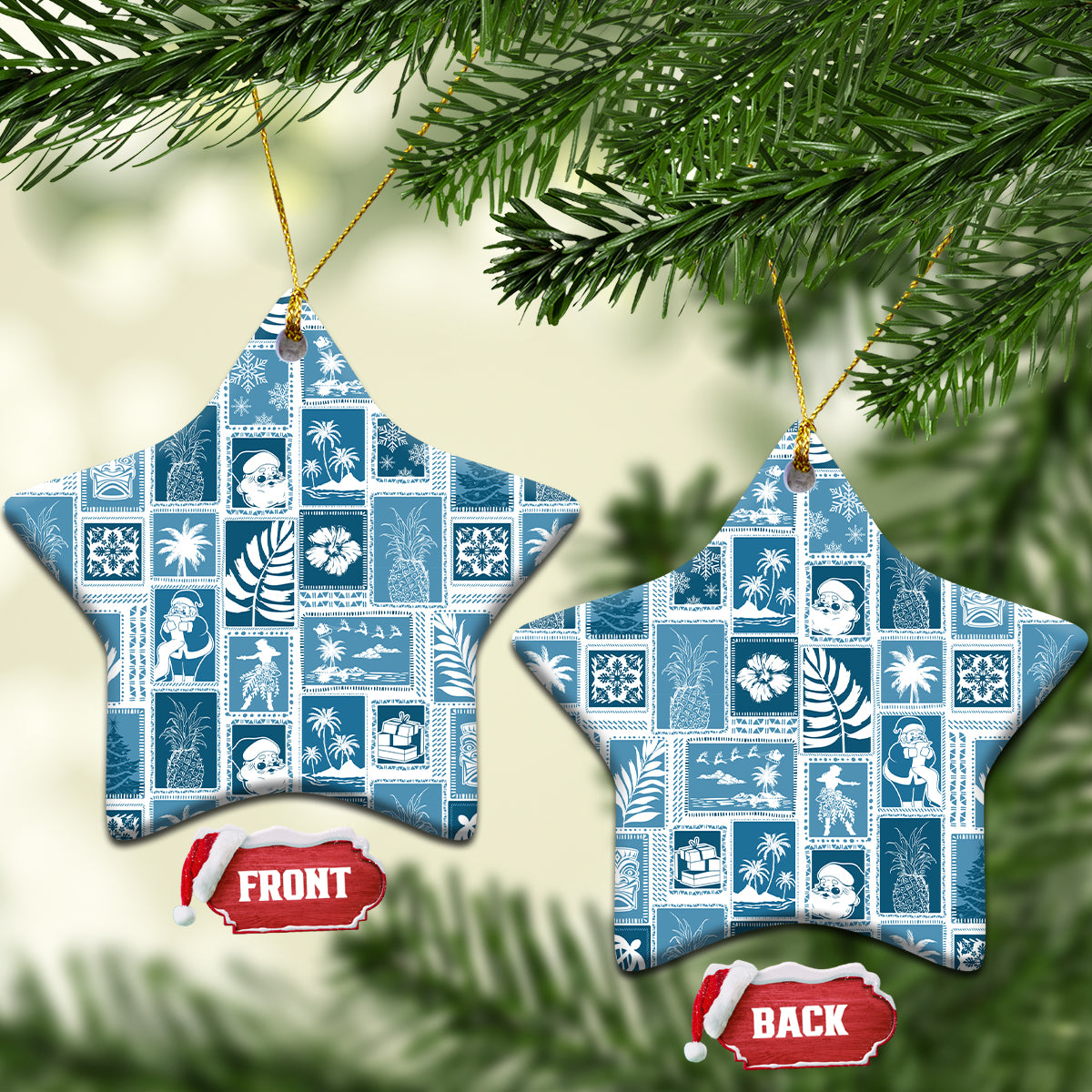 Hawaii Christmas Ceramic Ornament Retro Patchwork - Aquamarine LT7 - Wonder Print Shop