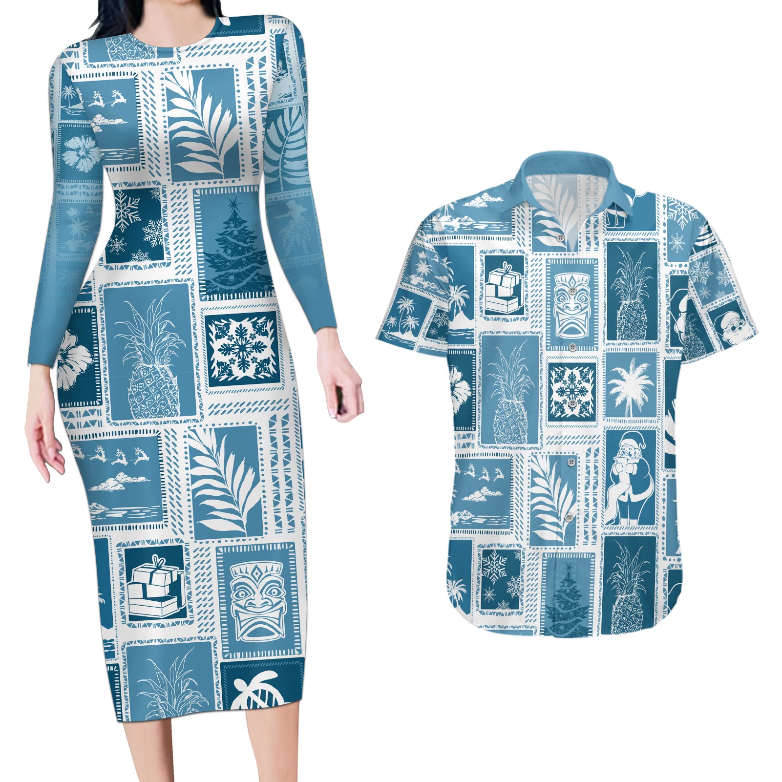 Hawaii Christmas Retro Patchwork Couples Matching Long Sleeve Bodycon Dress and Hawaiian Shirt Aquamarine LT7 - Wonder Print Shop