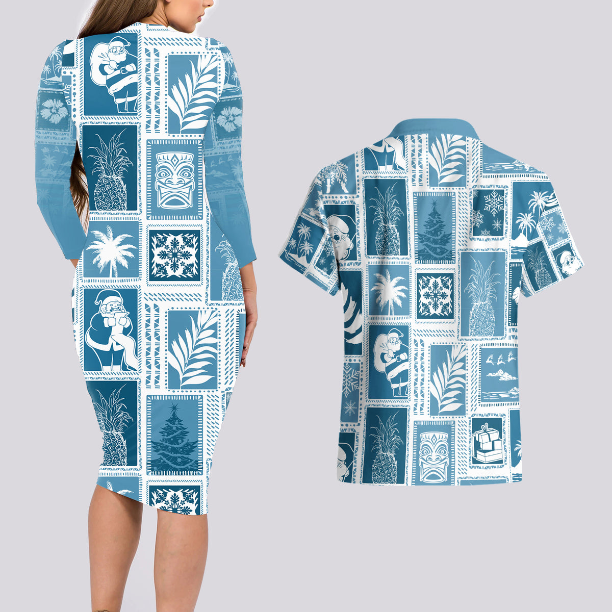 Hawaii Christmas Retro Patchwork Couples Matching Long Sleeve Bodycon Dress and Hawaiian Shirt Aquamarine LT7 - Wonder Print Shop