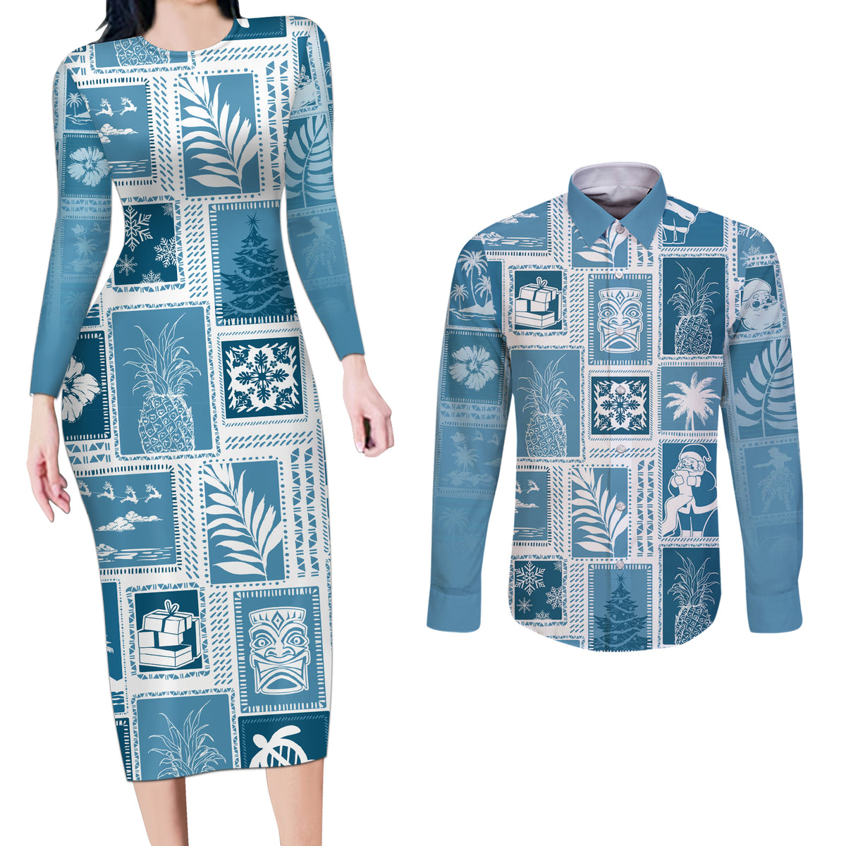 Hawaii Christmas Retro Patchwork Couples Matching Long Sleeve Bodycon Dress and Long Sleeve Button Shirt Aquamarine LT7 - Wonder Print Shop