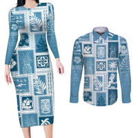 Hawaii Christmas Retro Patchwork Couples Matching Long Sleeve Bodycon Dress and Long Sleeve Button Shirt Aquamarine LT7 - Wonder Print Shop