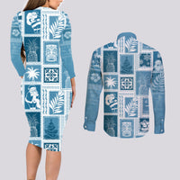 Hawaii Christmas Retro Patchwork Couples Matching Long Sleeve Bodycon Dress and Long Sleeve Button Shirt Aquamarine LT7 - Wonder Print Shop