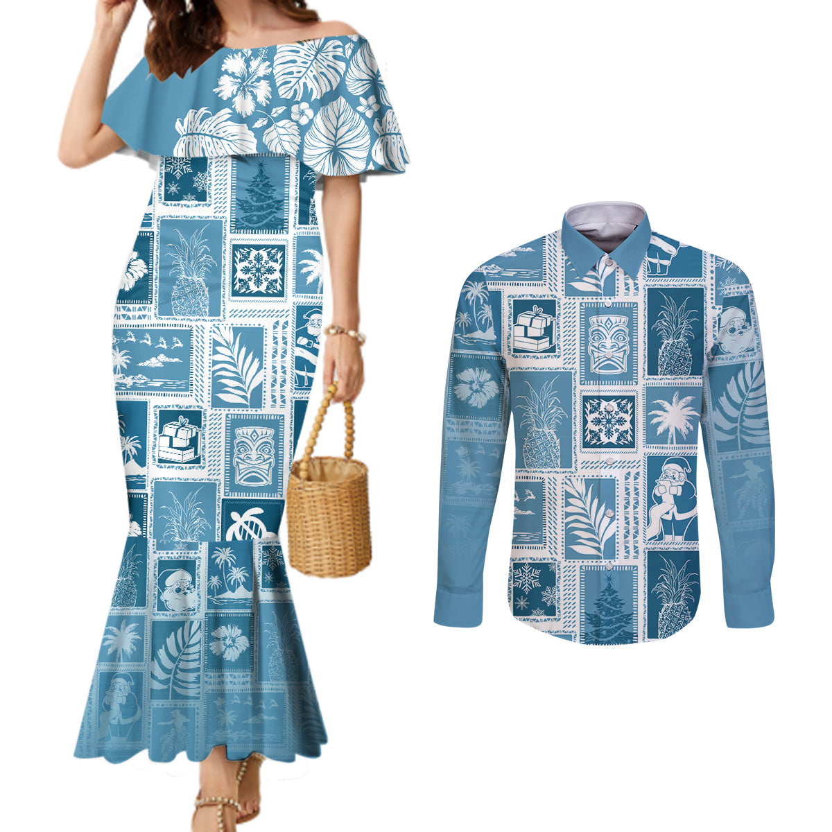 hawaii-christmas-retro-patchwork-couples-matching-mermaid-dress-and-long-sleeve-button-shirt-aquamarine