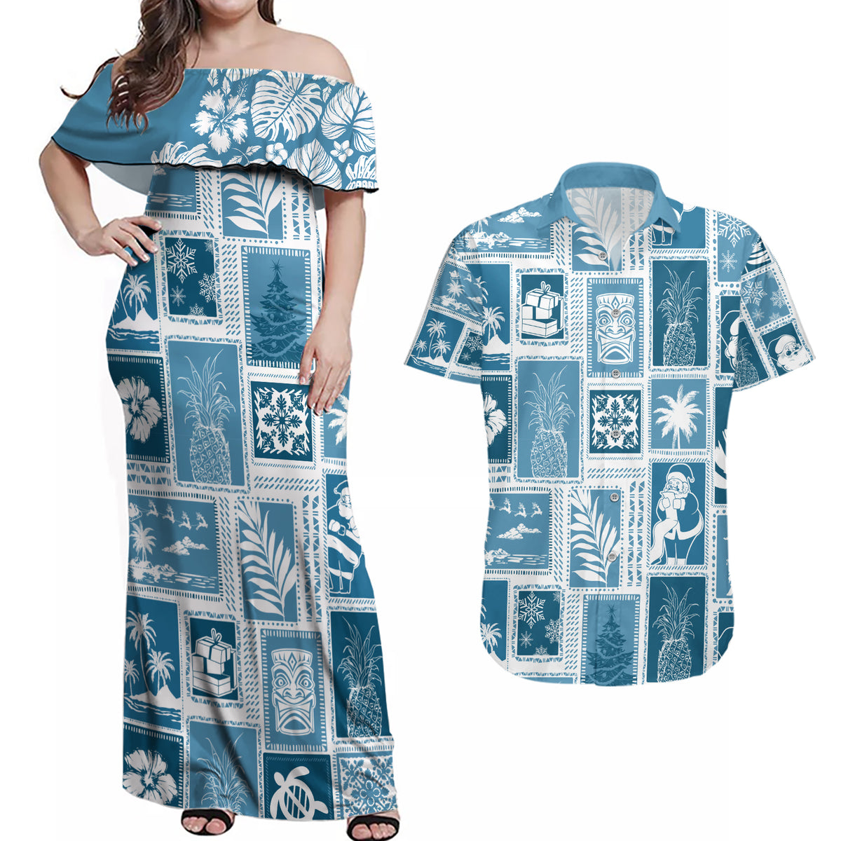 Hawaii Christmas Retro Patchwork Couples Matching Off Shoulder Maxi Dress and Hawaiian Shirt Aquamarine LT7 - Wonder Print Shop