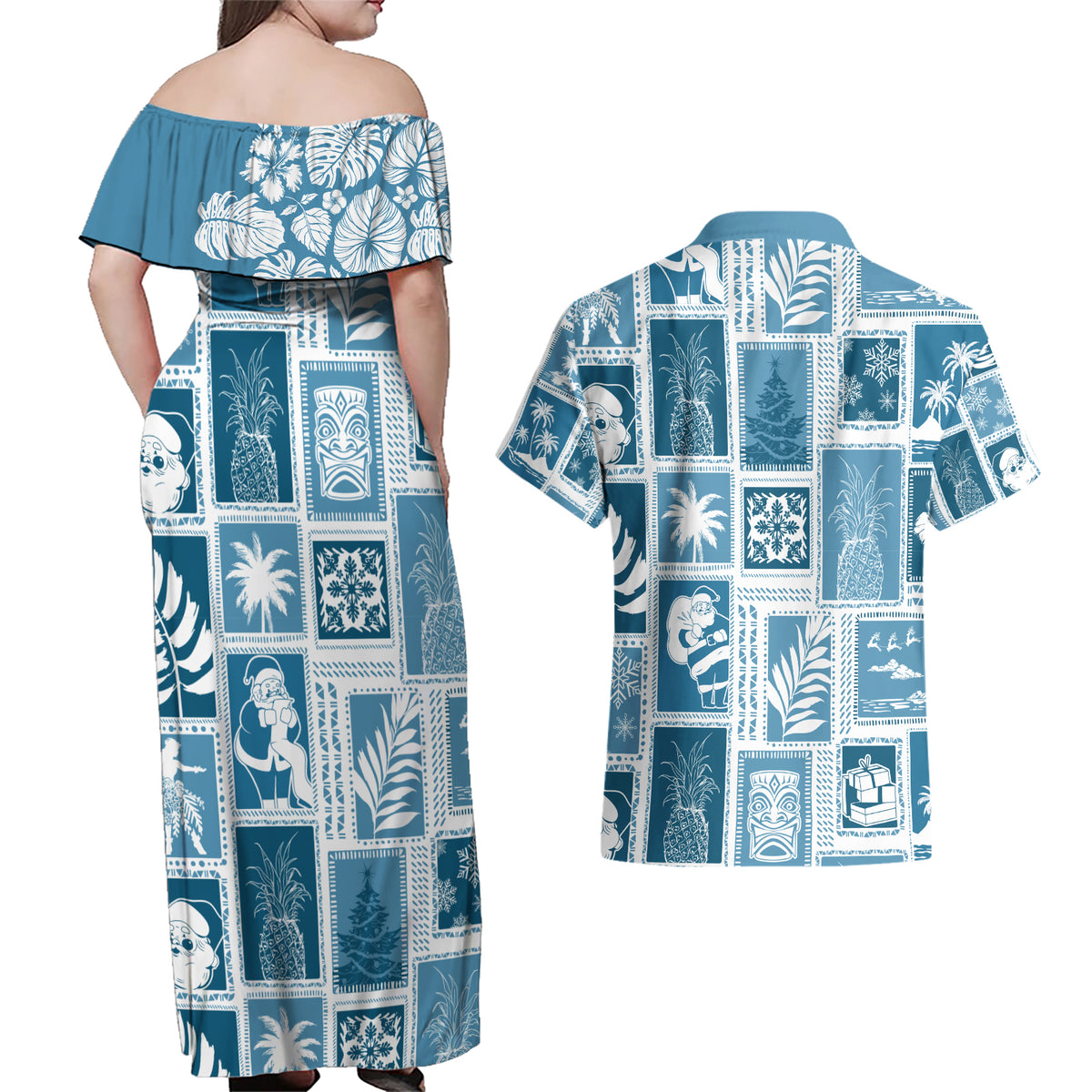 Hawaii Christmas Retro Patchwork Couples Matching Off Shoulder Maxi Dress and Hawaiian Shirt Aquamarine LT7 - Wonder Print Shop
