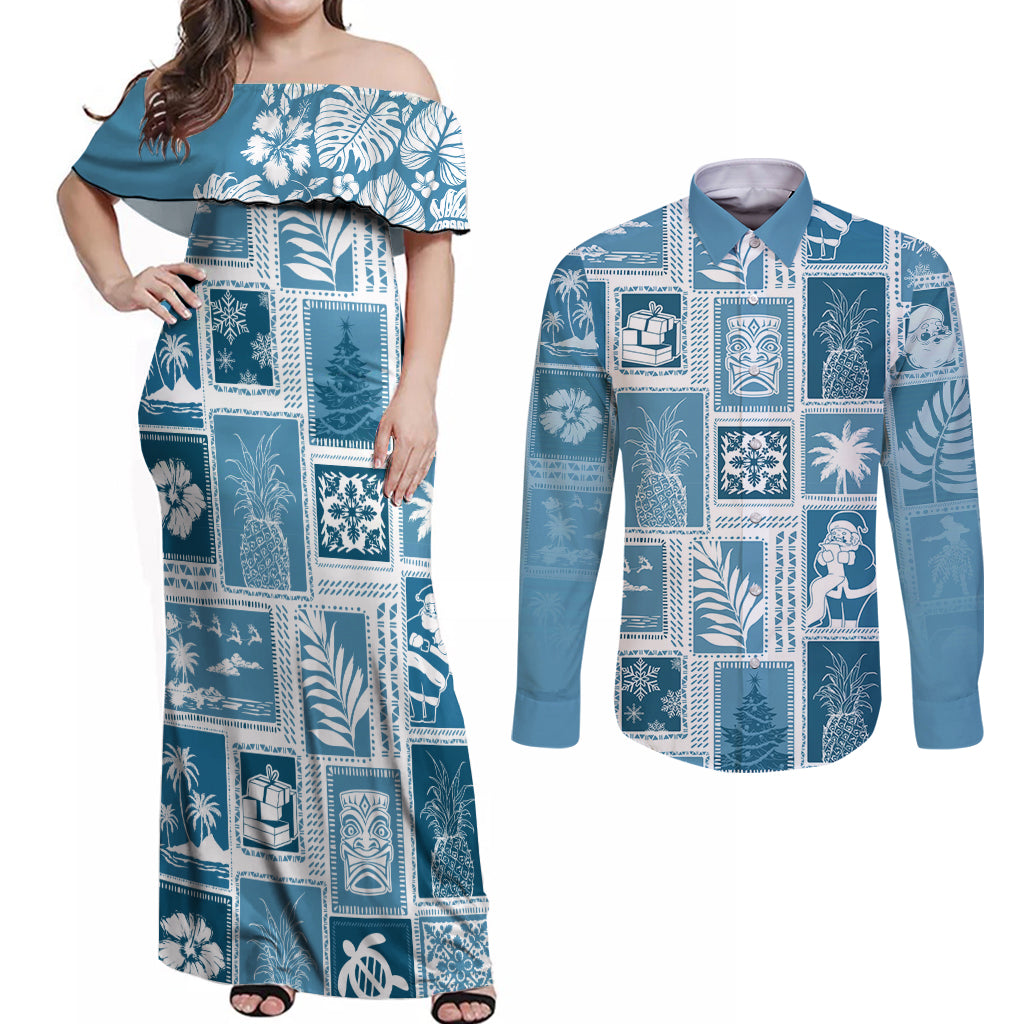 Hawaii Christmas Retro Patchwork Couples Matching Off Shoulder Maxi Dress and Long Sleeve Button Shirt Aquamarine LT7 - Wonder Print Shop