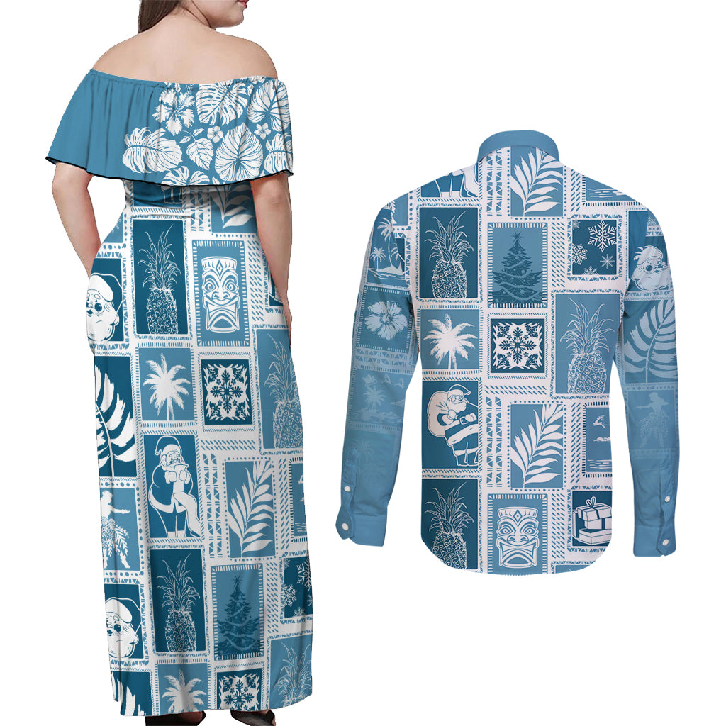 Hawaii Christmas Retro Patchwork Couples Matching Off Shoulder Maxi Dress and Long Sleeve Button Shirt Aquamarine LT7 - Wonder Print Shop
