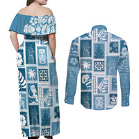 Hawaii Christmas Retro Patchwork Couples Matching Off Shoulder Maxi Dress and Long Sleeve Button Shirt Aquamarine LT7 - Wonder Print Shop