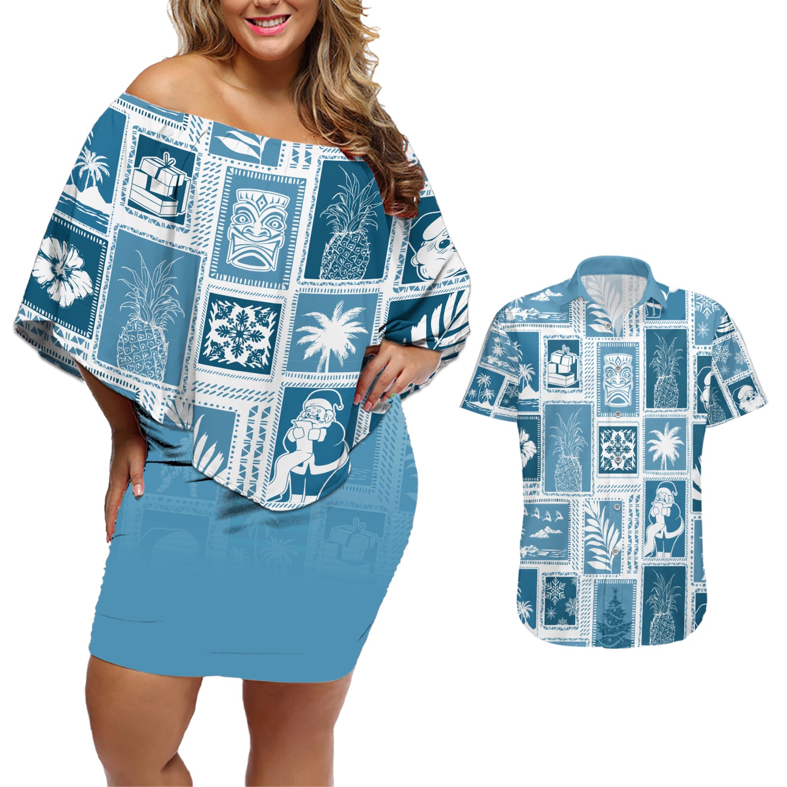 Hawaii Christmas Retro Patchwork Couples Matching Off Shoulder Short Dress and Hawaiian Shirt Aquamarine LT7 - Wonder Print Shop