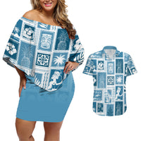 Hawaii Christmas Retro Patchwork Couples Matching Off Shoulder Short Dress and Hawaiian Shirt Aquamarine LT7 - Wonder Print Shop