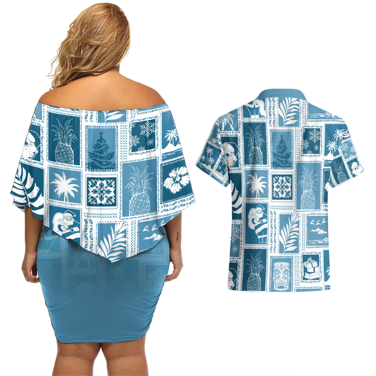 Hawaii Christmas Retro Patchwork Couples Matching Off Shoulder Short Dress and Hawaiian Shirt Aquamarine LT7 - Wonder Print Shop
