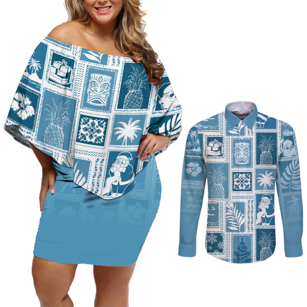 Hawaii Christmas Retro Patchwork Couples Matching Off Shoulder Short Dress and Long Sleeve Button Shirt Aquamarine LT7 - Wonder Print Shop