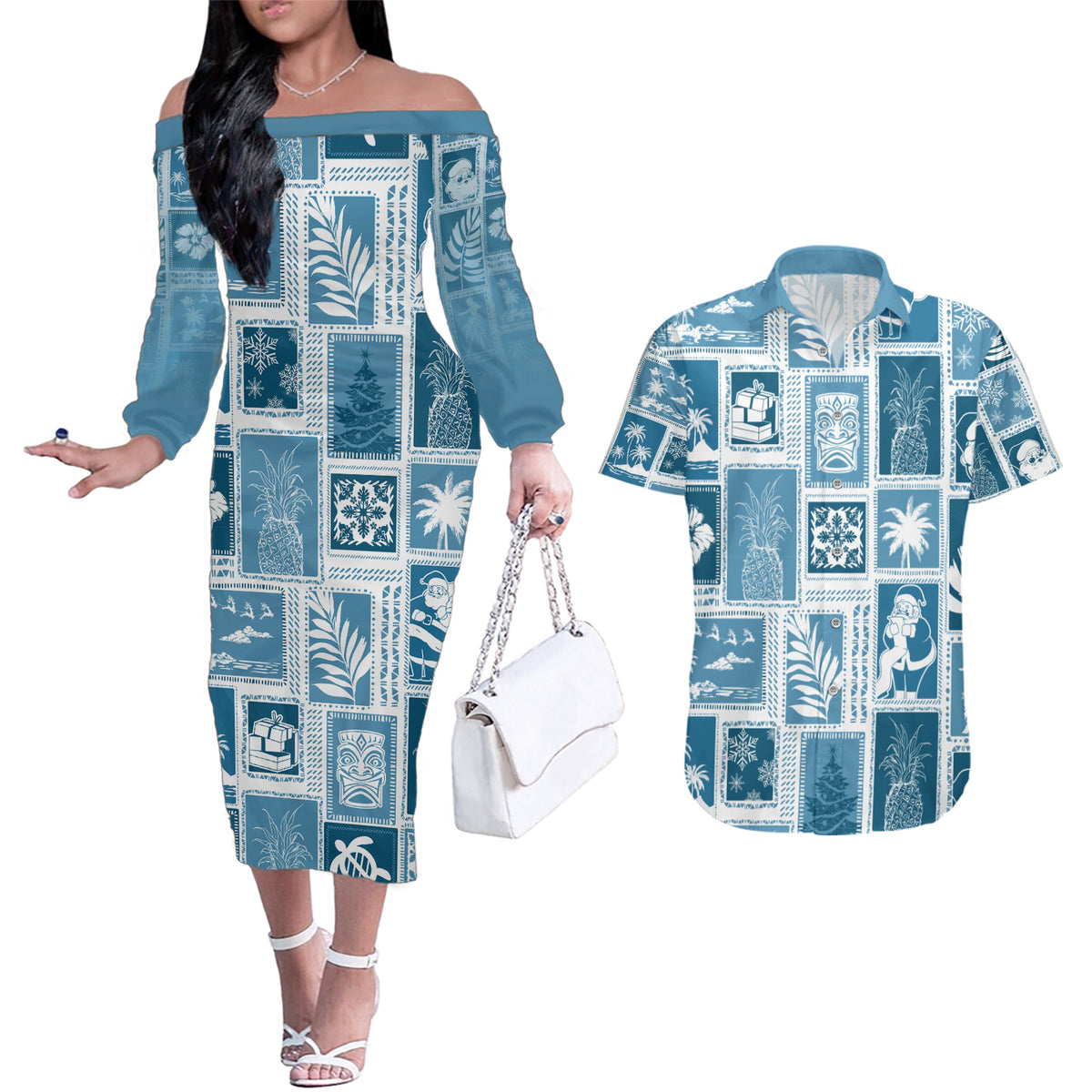 Hawaii Christmas Retro Patchwork Couples Matching Off The Shoulder Long Sleeve Dress and Hawaiian Shirt Aquamarine LT7 - Wonder Print Shop