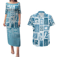 Hawaii Christmas Retro Patchwork Couples Matching Puletasi Dress and Hawaiian Shirt Aquamarine LT7 - Wonder Print Shop