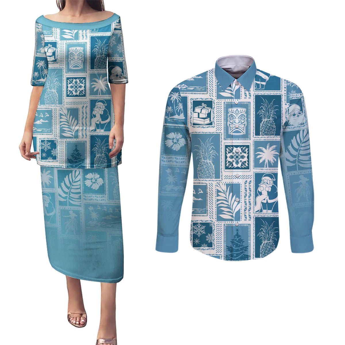 Hawaii Christmas Retro Patchwork Couples Matching Puletasi Dress and Long Sleeve Button Shirt Aquamarine LT7 - Wonder Print Shop