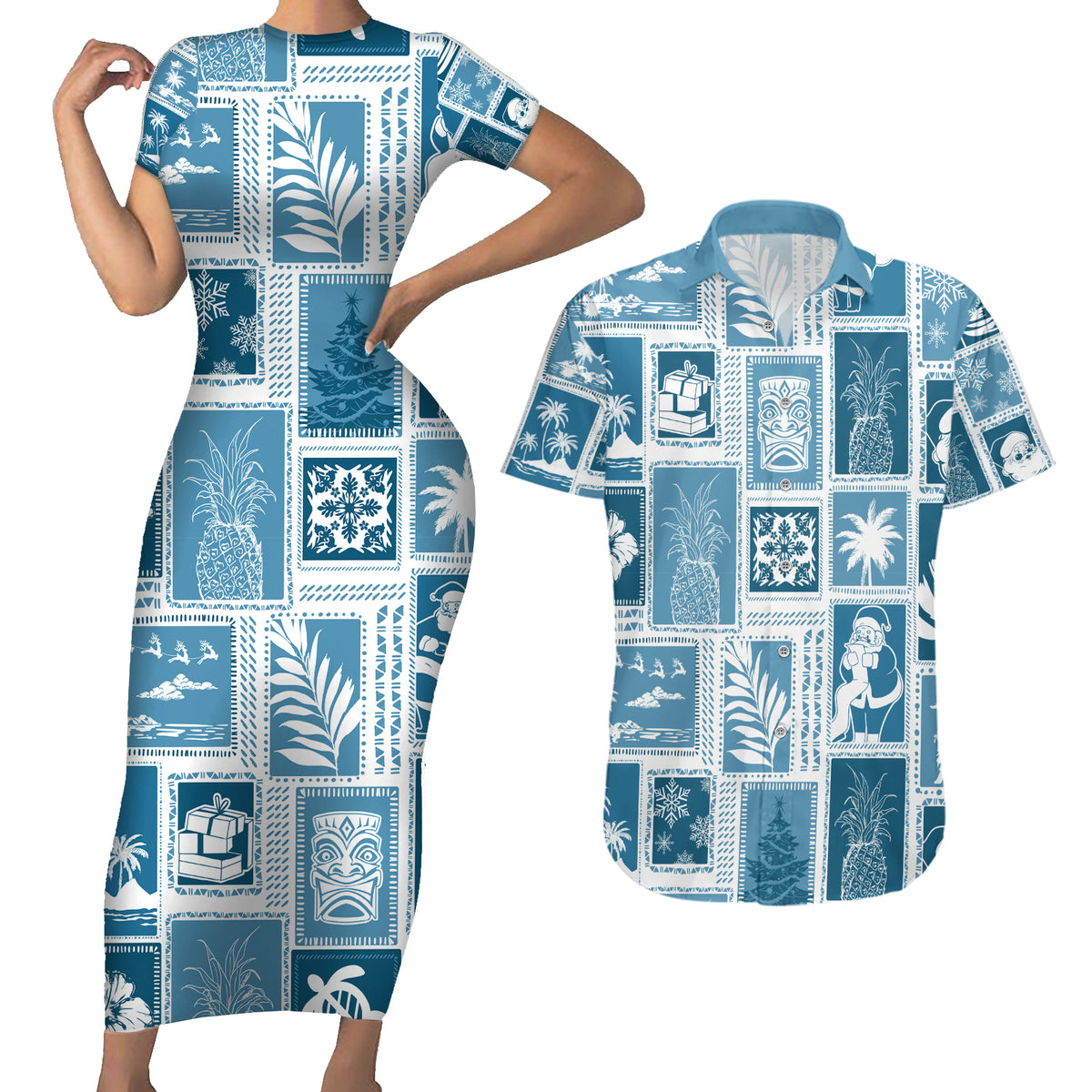 Hawaii Christmas Retro Patchwork Couples Matching Short Sleeve Bodycon Dress and Hawaiian Shirt Aquamarine LT7 - Wonder Print Shop