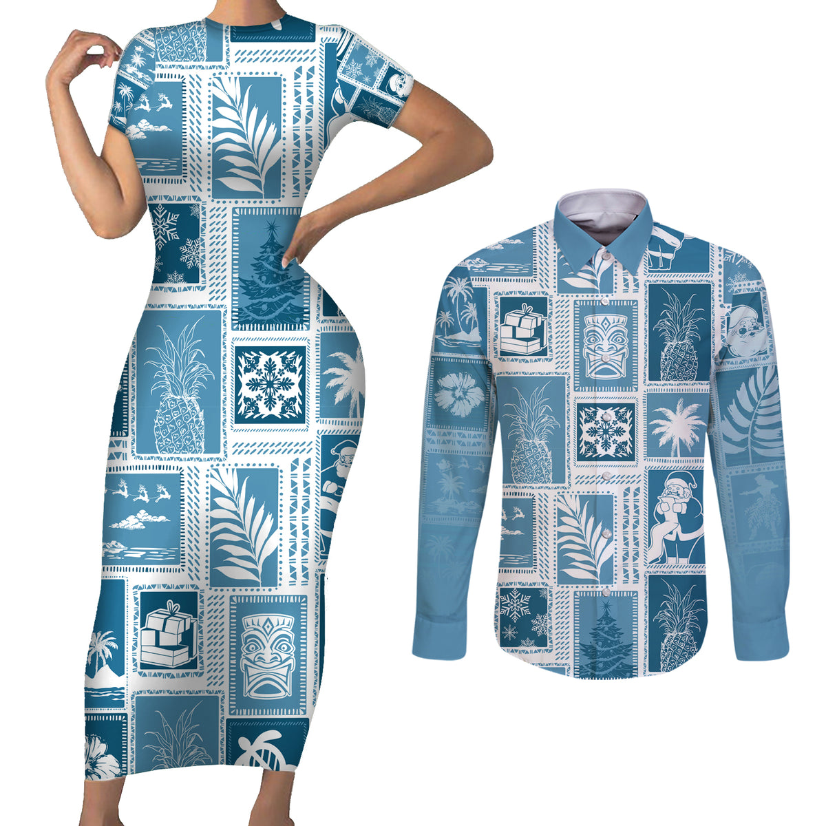 Hawaii Christmas Retro Patchwork Couples Matching Short Sleeve Bodycon Dress and Long Sleeve Button Shirt Aquamarine LT7 - Wonder Print Shop