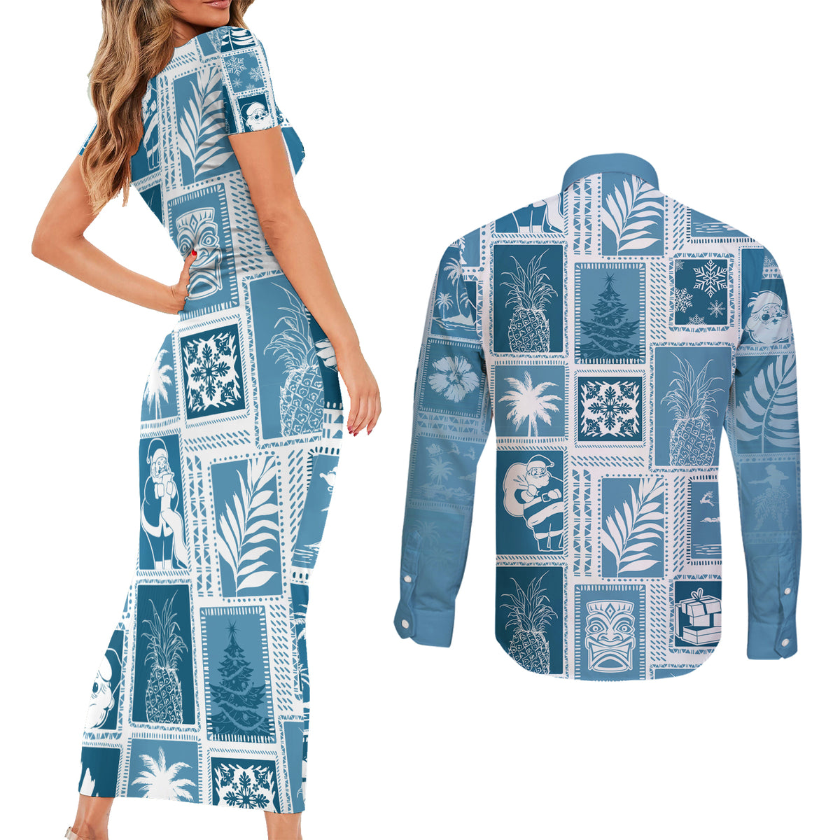 Hawaii Christmas Retro Patchwork Couples Matching Short Sleeve Bodycon Dress and Long Sleeve Button Shirt Aquamarine LT7 - Wonder Print Shop