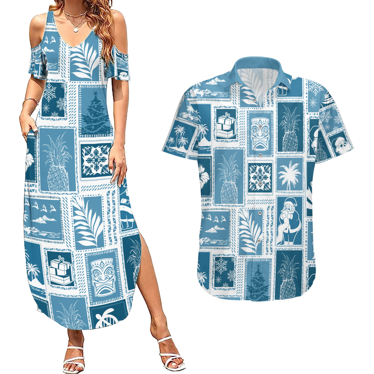 Hawaii Christmas Retro Patchwork Couples Matching Summer Maxi Dress and Hawaiian Shirt Aquamarine LT7 - Wonder Print Shop