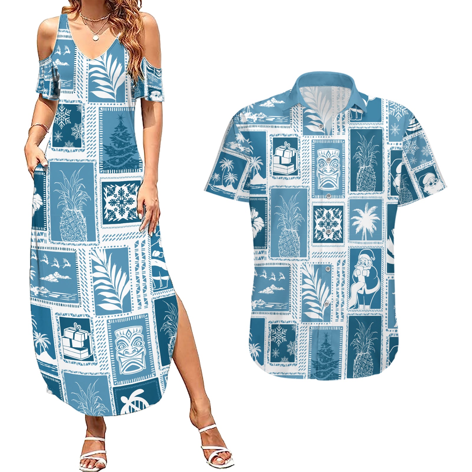 Hawaii Christmas Retro Patchwork Couples Matching Summer Maxi Dress and Hawaiian Shirt Aquamarine LT7 - Wonder Print Shop