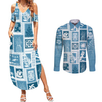 Hawaii Christmas Retro Patchwork Couples Matching Summer Maxi Dress and Long Sleeve Button Shirt Aquamarine LT7 - Wonder Print Shop