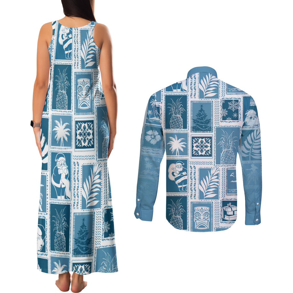 Hawaii Christmas Retro Patchwork Couples Matching Tank Maxi Dress and Long Sleeve Button Shirt Aquamarine LT7 - Wonder Print Shop