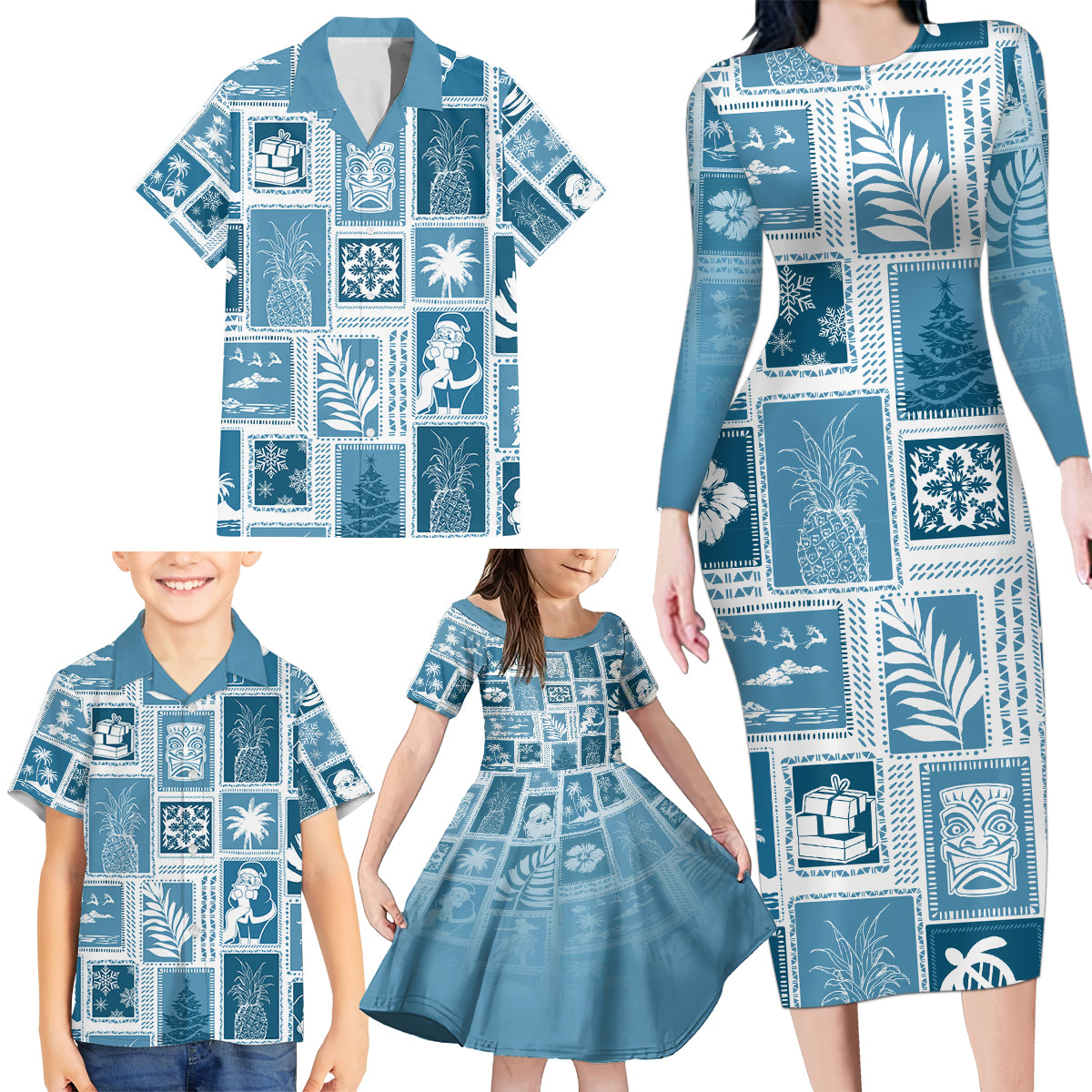Hawaii Christmas Retro Patchwork Family Matching Long Sleeve Bodycon Dress and Hawaiian Shirt Aquamarine LT7 - Wonder Print Shop