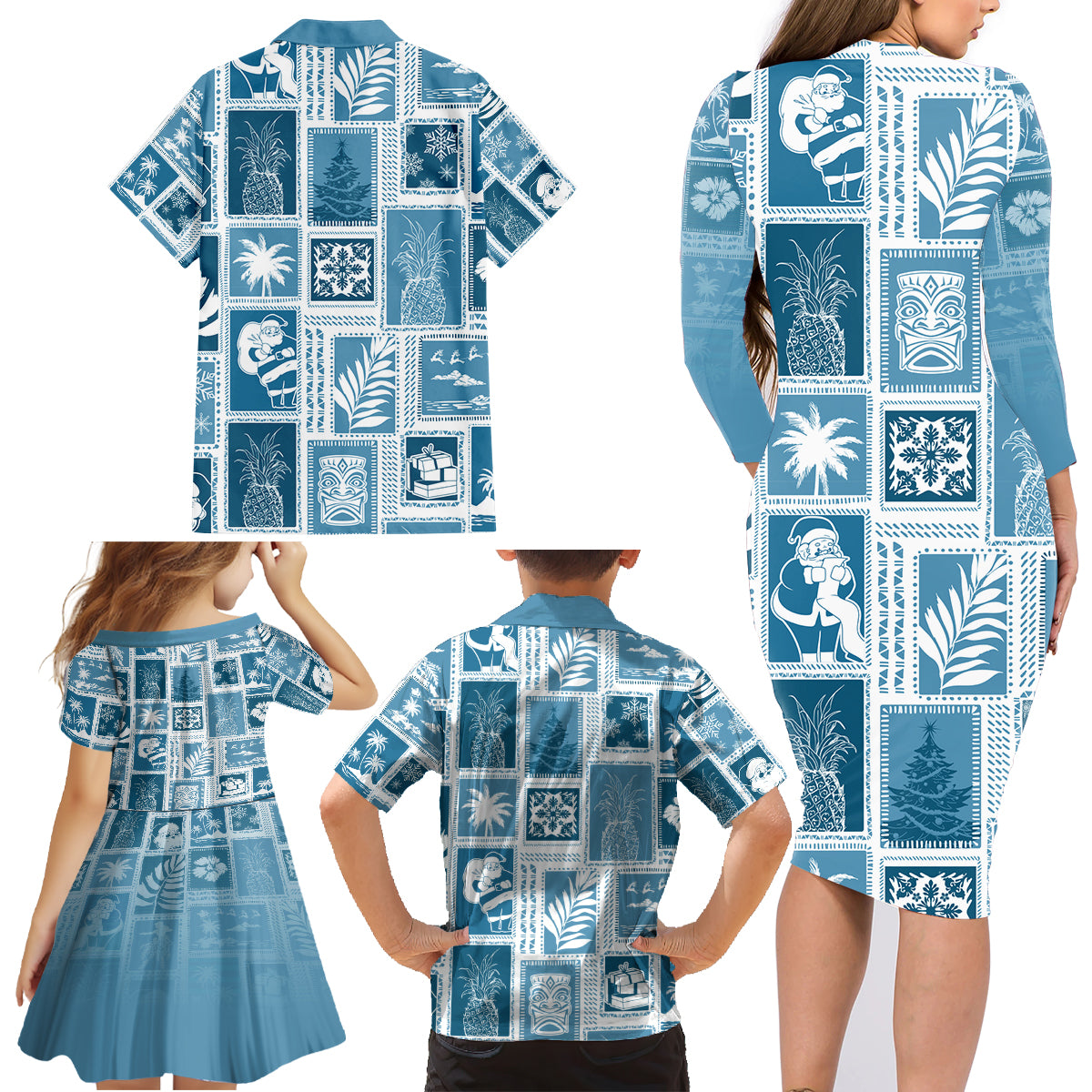 Hawaii Christmas Retro Patchwork Family Matching Long Sleeve Bodycon Dress and Hawaiian Shirt Aquamarine LT7 - Wonder Print Shop